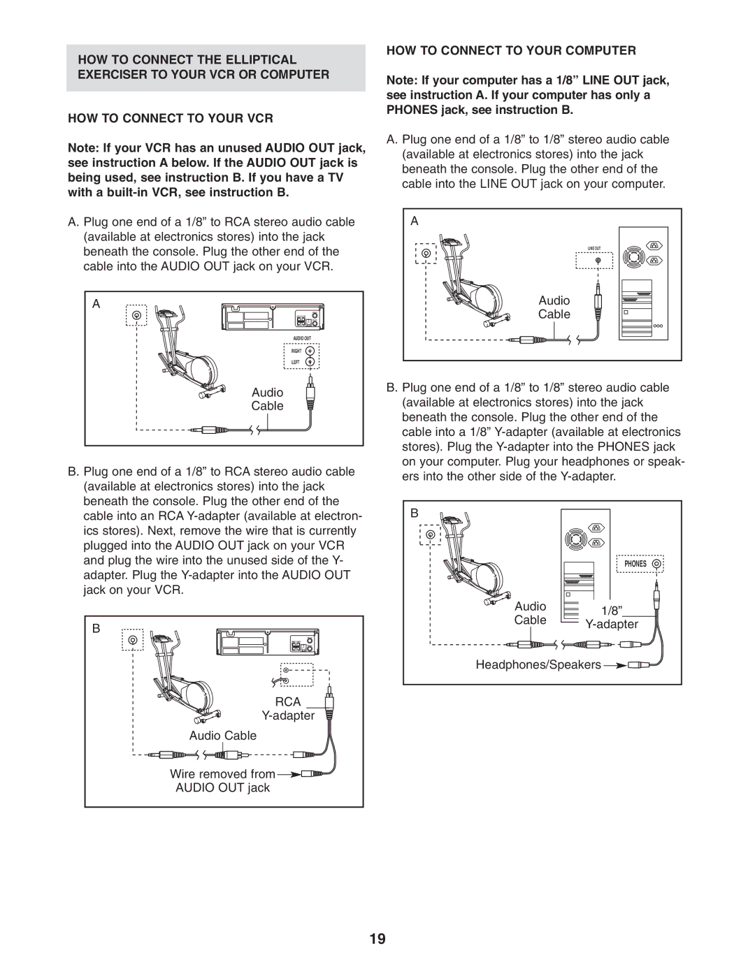 ProForm PFEL13031 user manual Rca, Adapter, Audio Cable Wire removed from Audio OUT jack, HOW to Connect to Your Computer 