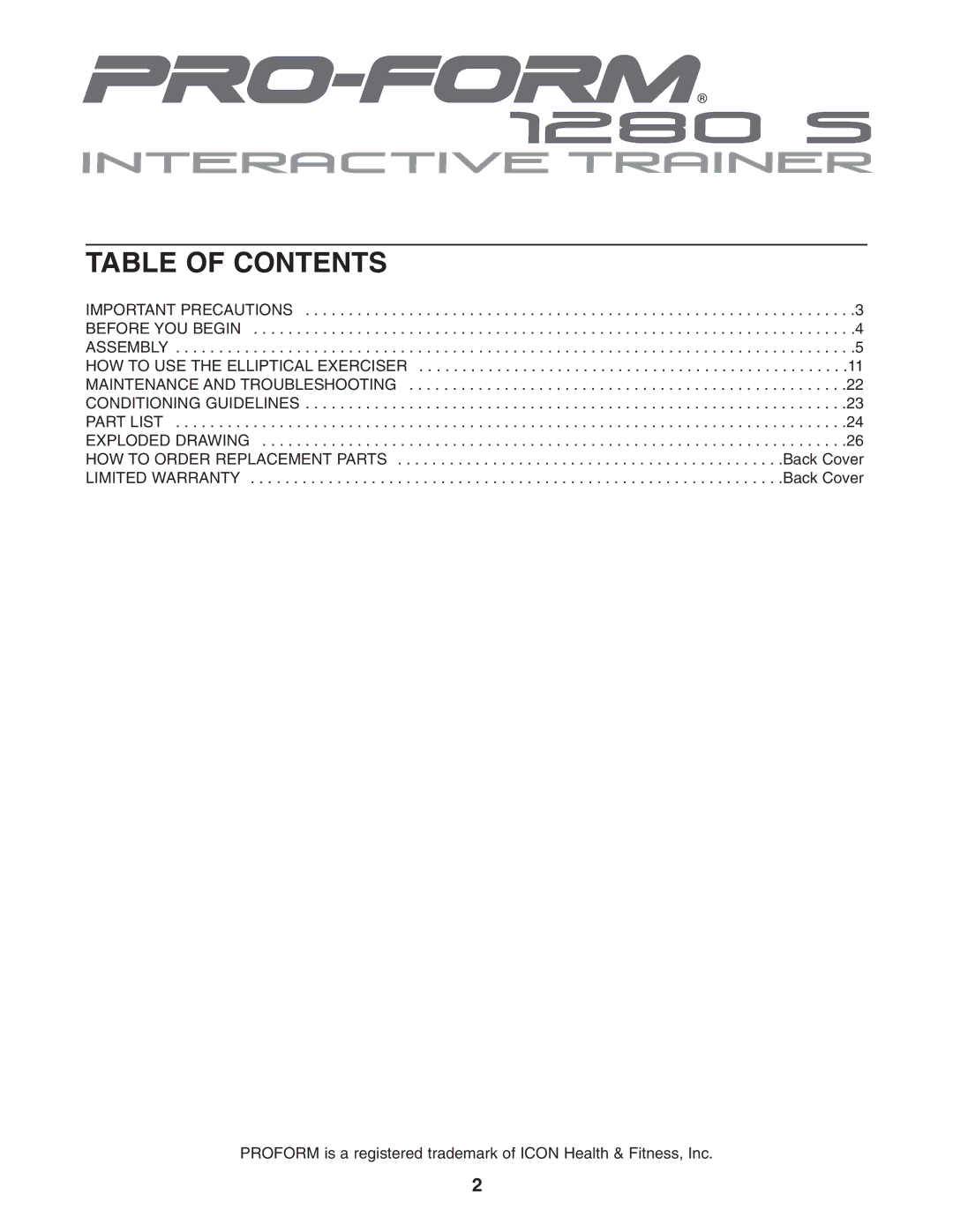 ProForm PFEL13031 user manual Table of Contents 