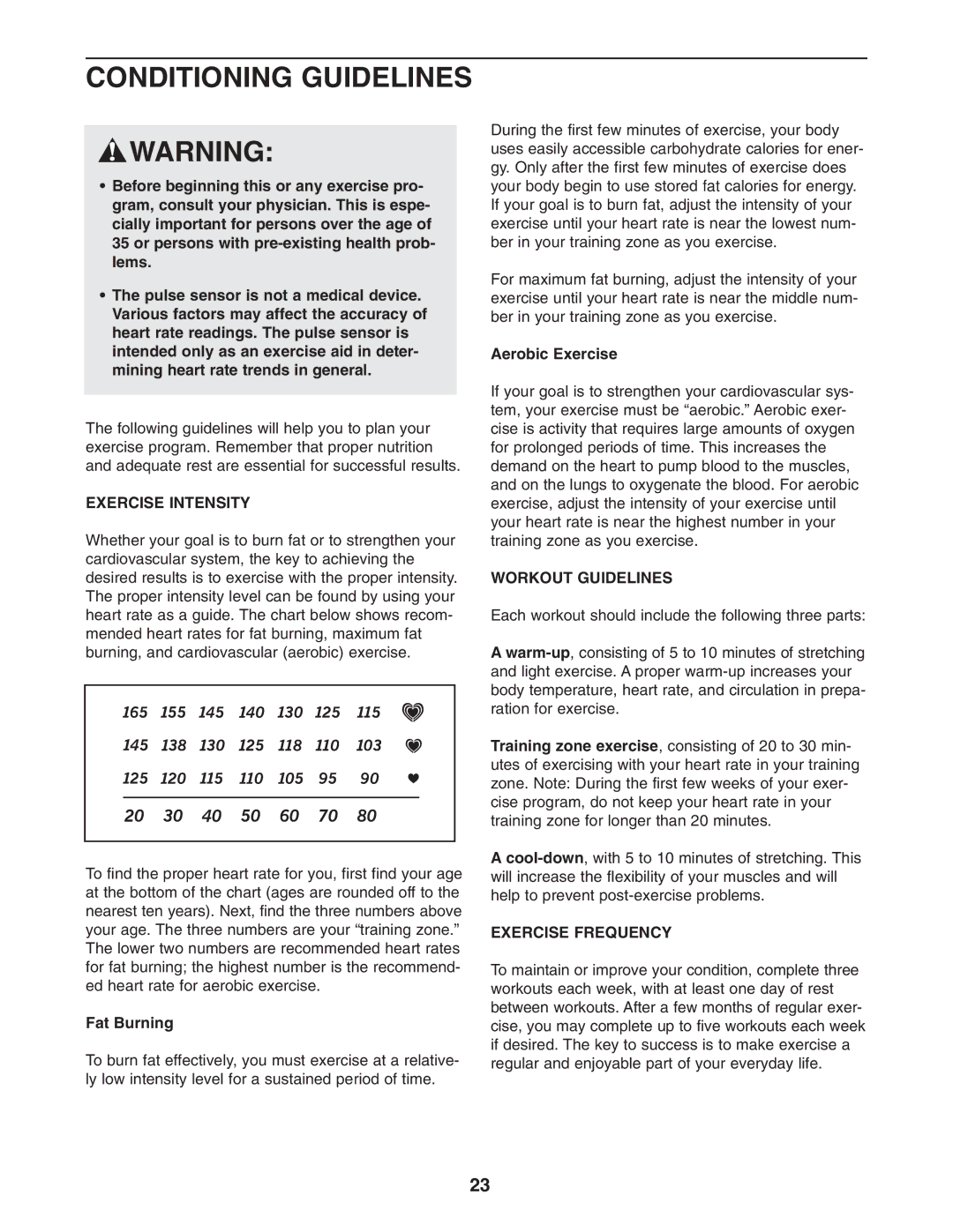 ProForm PFEL13031 user manual Conditioning Guidelines, Exercise Intensity, Workout Guidelines, Exercise Frequency 