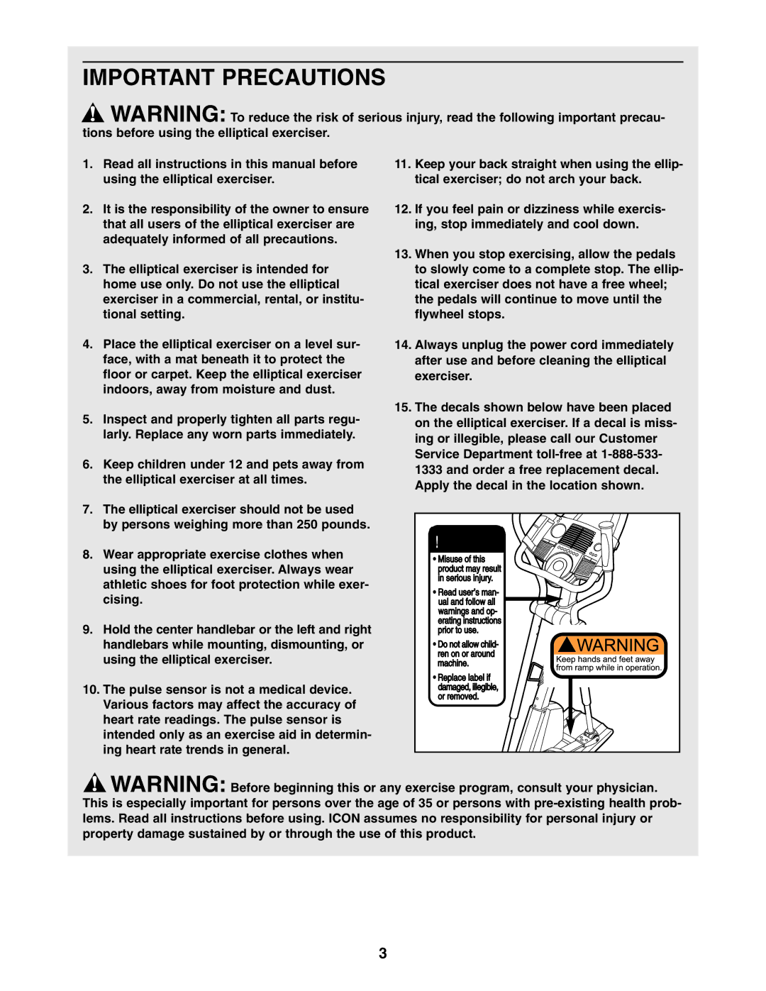 ProForm PFEL13031 user manual Important Precautions 