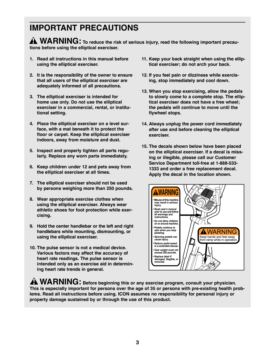 ProForm PFEL13032 user manual Important Precautions 