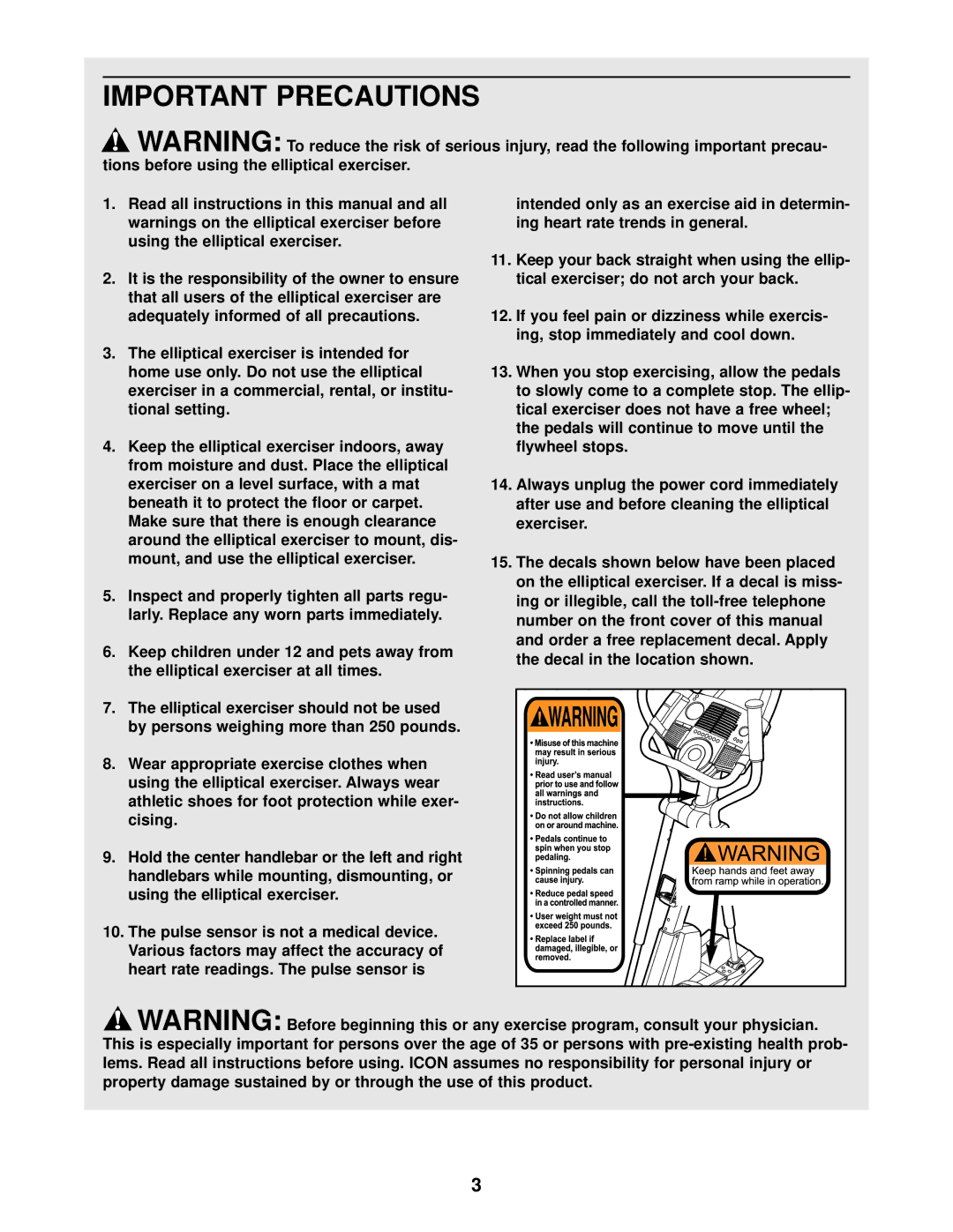 ProForm PFEL1303.3 user manual Important Precautions 