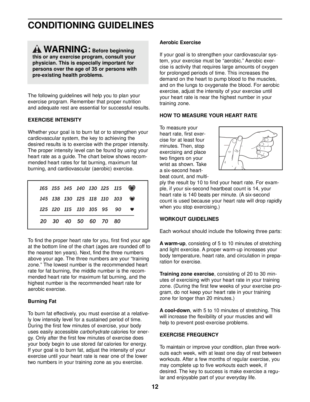 ProForm PFEL19010 Conditioning Guidelines, Exercise Intensity, HOW to Measure Your Heart Rate, Workout Guidelines 