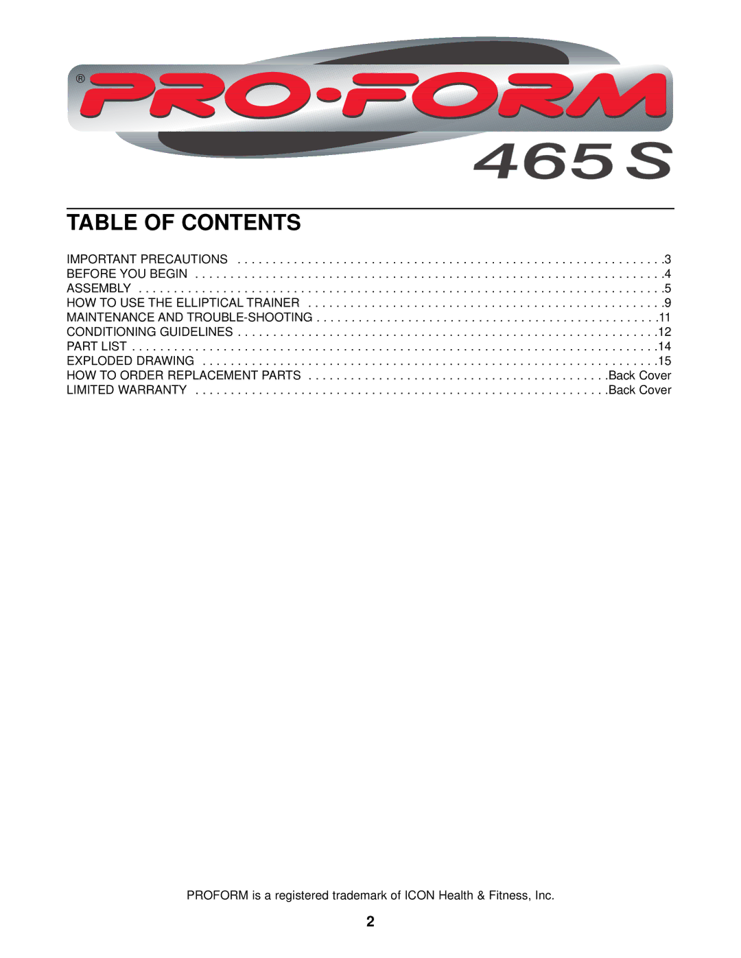 ProForm PFEL19010 user manual Table of Contents 