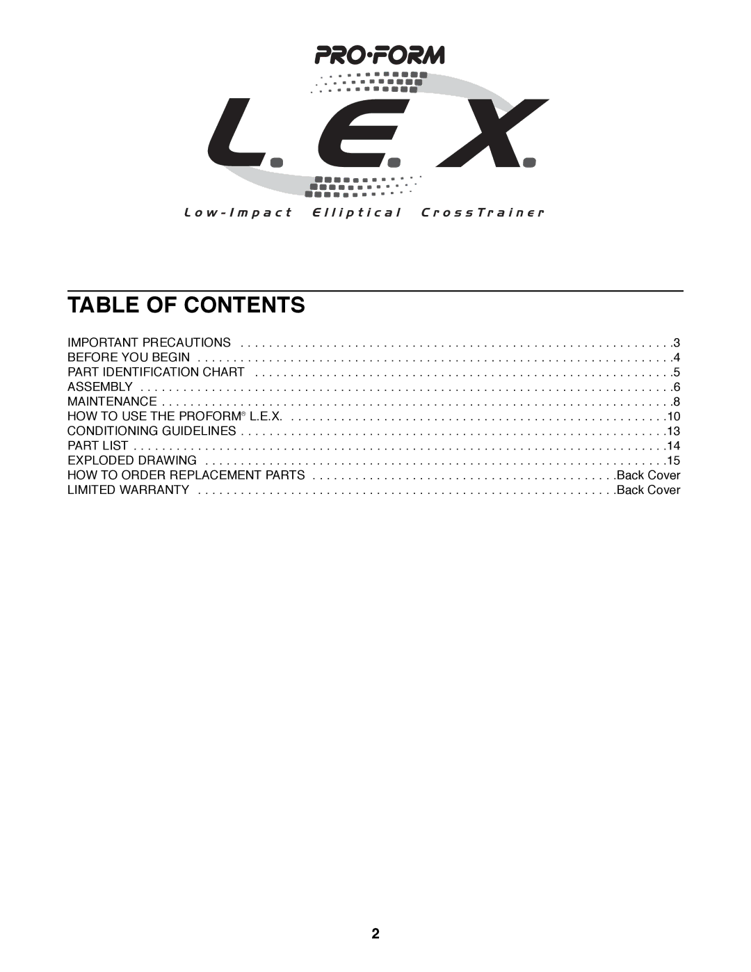 ProForm PFEL25070 user manual Table of Contents 