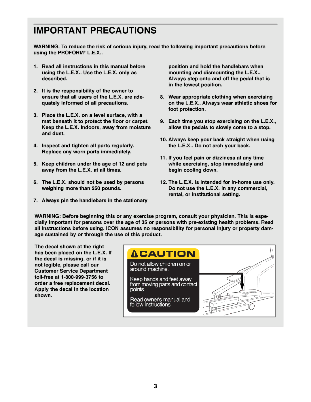 ProForm PFEL25070 user manual Important Precautions 