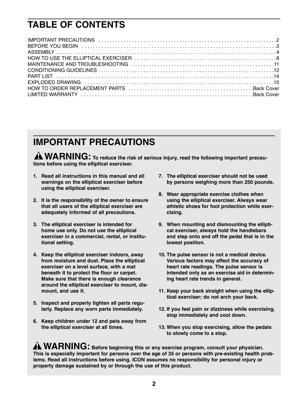 ProForm PFEL2605.0 user manual Table of Contents, Important Precautions 