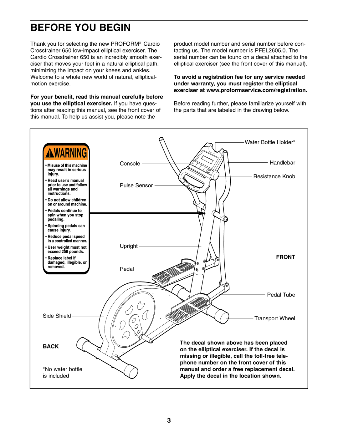 ProForm PFEL2605.0 user manual Before YOU Begin, Back, Front 