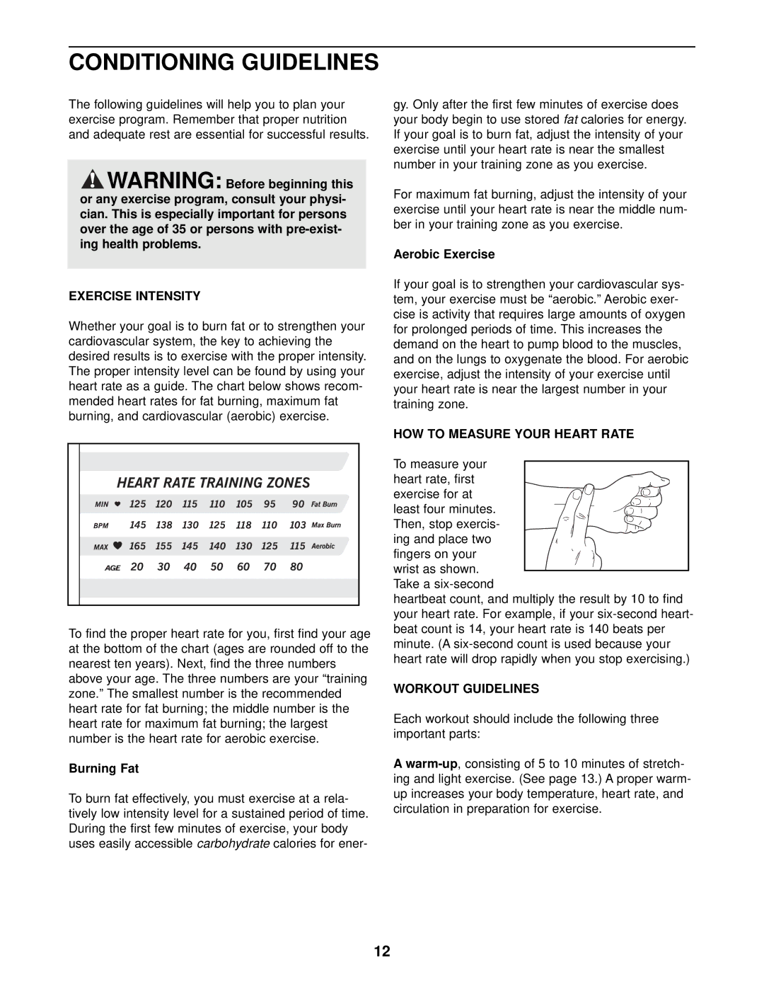 ProForm PFEL28010 Conditioning Guidelines, Exercise Intensity, HOW to Measure Your Heart Rate, Workout Guidelines 