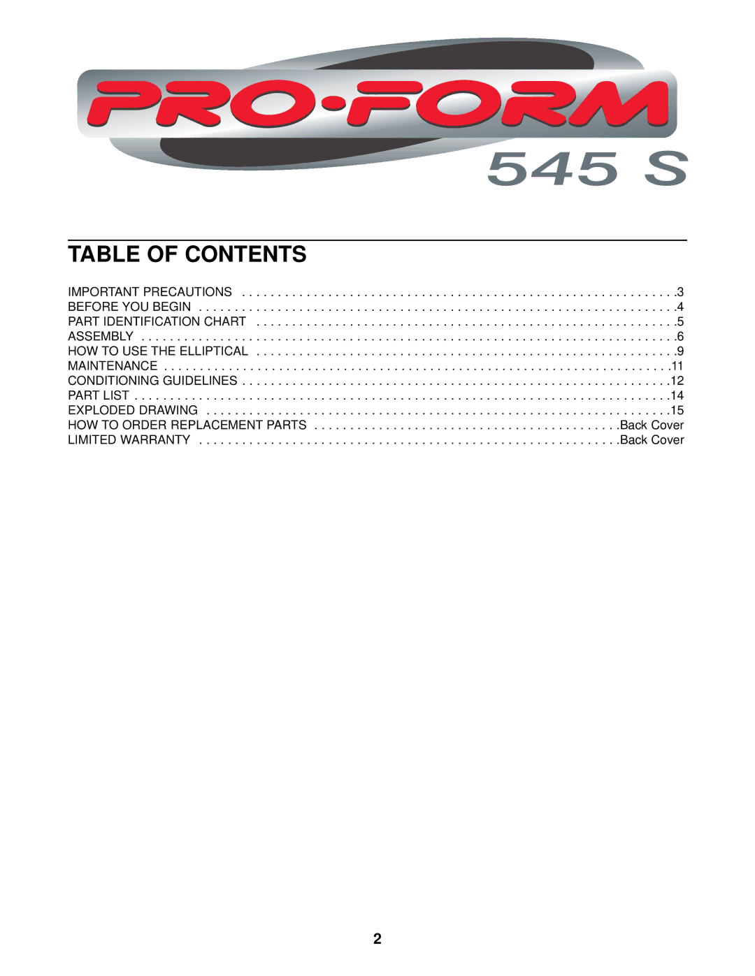 ProForm PFEL28010 user manual Table of Contents 