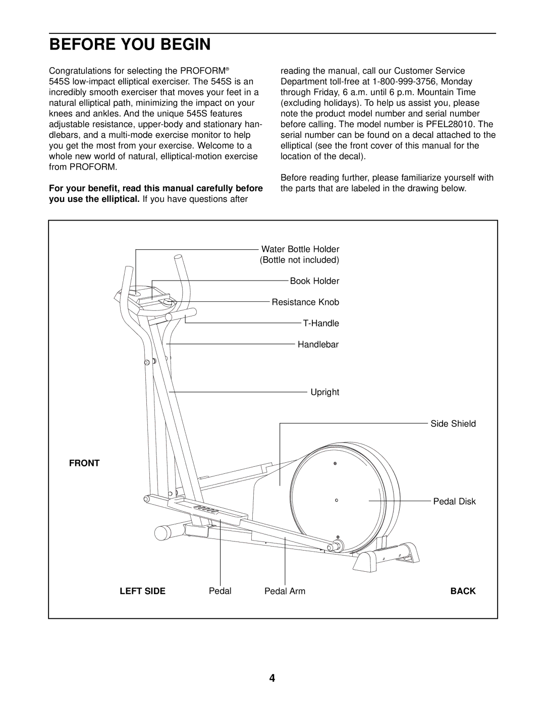 ProForm PFEL28010 user manual Before YOU Begin, Front, Left Side, Back 