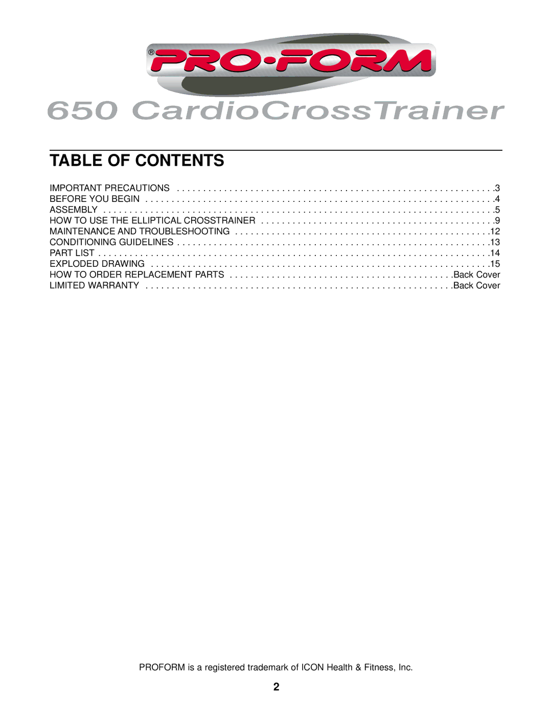 ProForm PFEL29221 user manual Table of Contents 