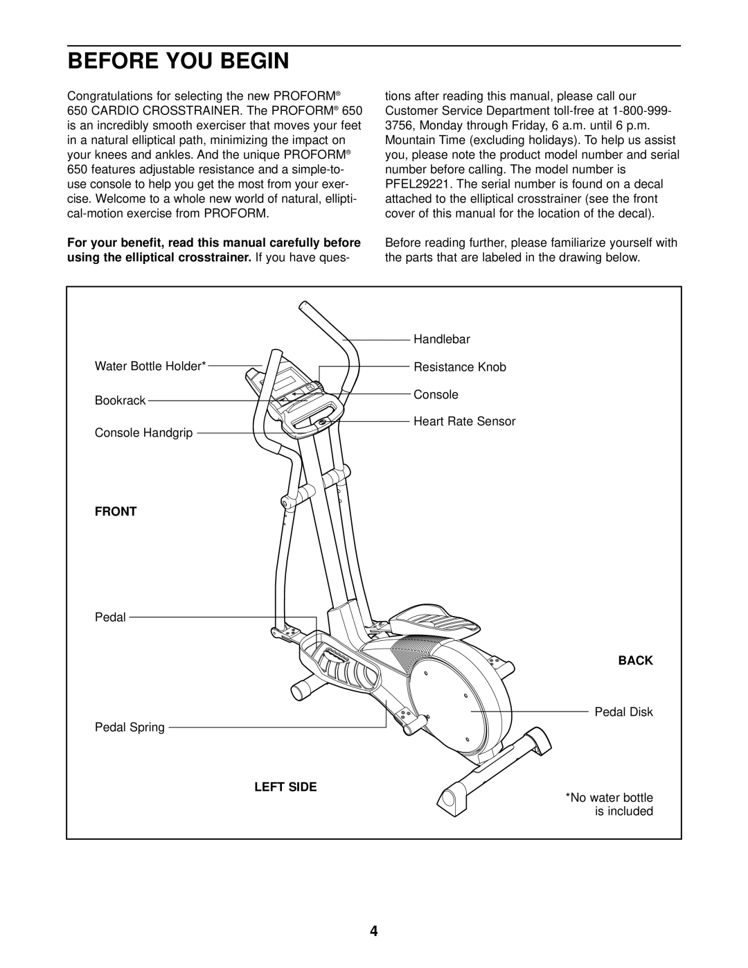 ProForm PFEL29221 user manual Using the elliptical crosstrainer, Front, Left Side 