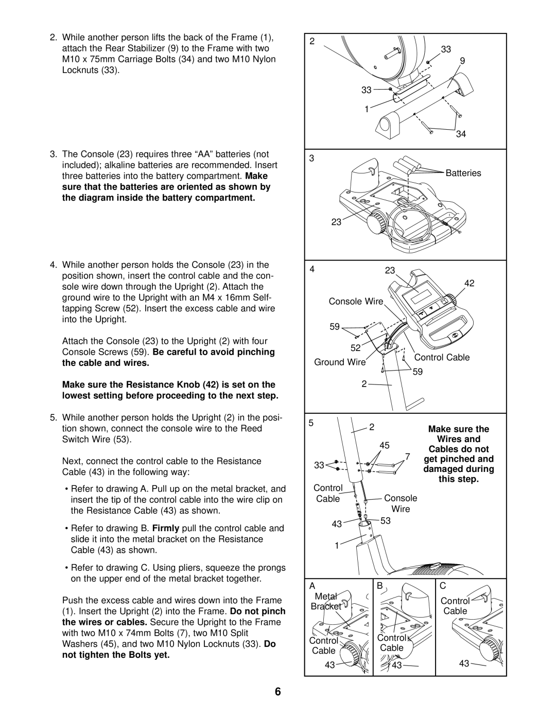 ProForm PFEL29221 Three batteries into the battery compartment, Insert the Upright 2 into the Frame, Wires or cables 