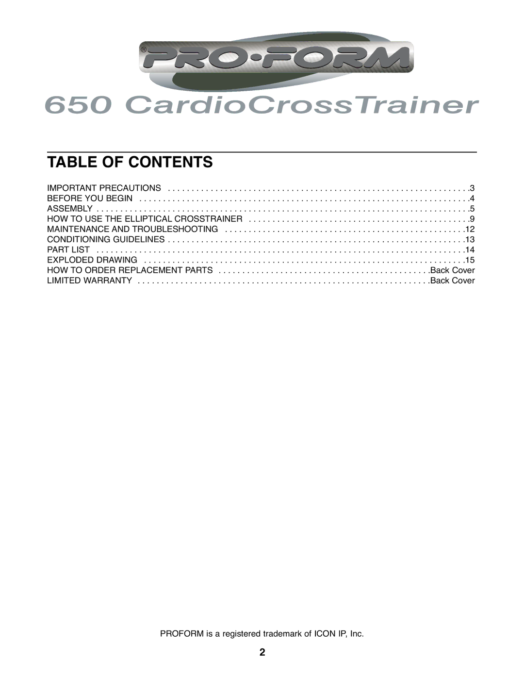 ProForm PFEL29222 user manual Table of Contents 