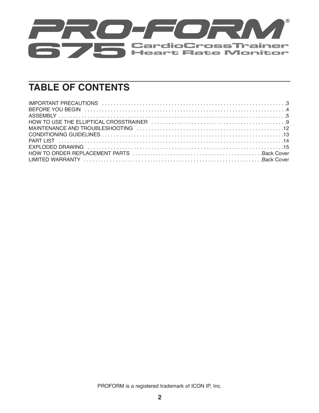 ProForm PFEL29240 user manual Table of Contents 