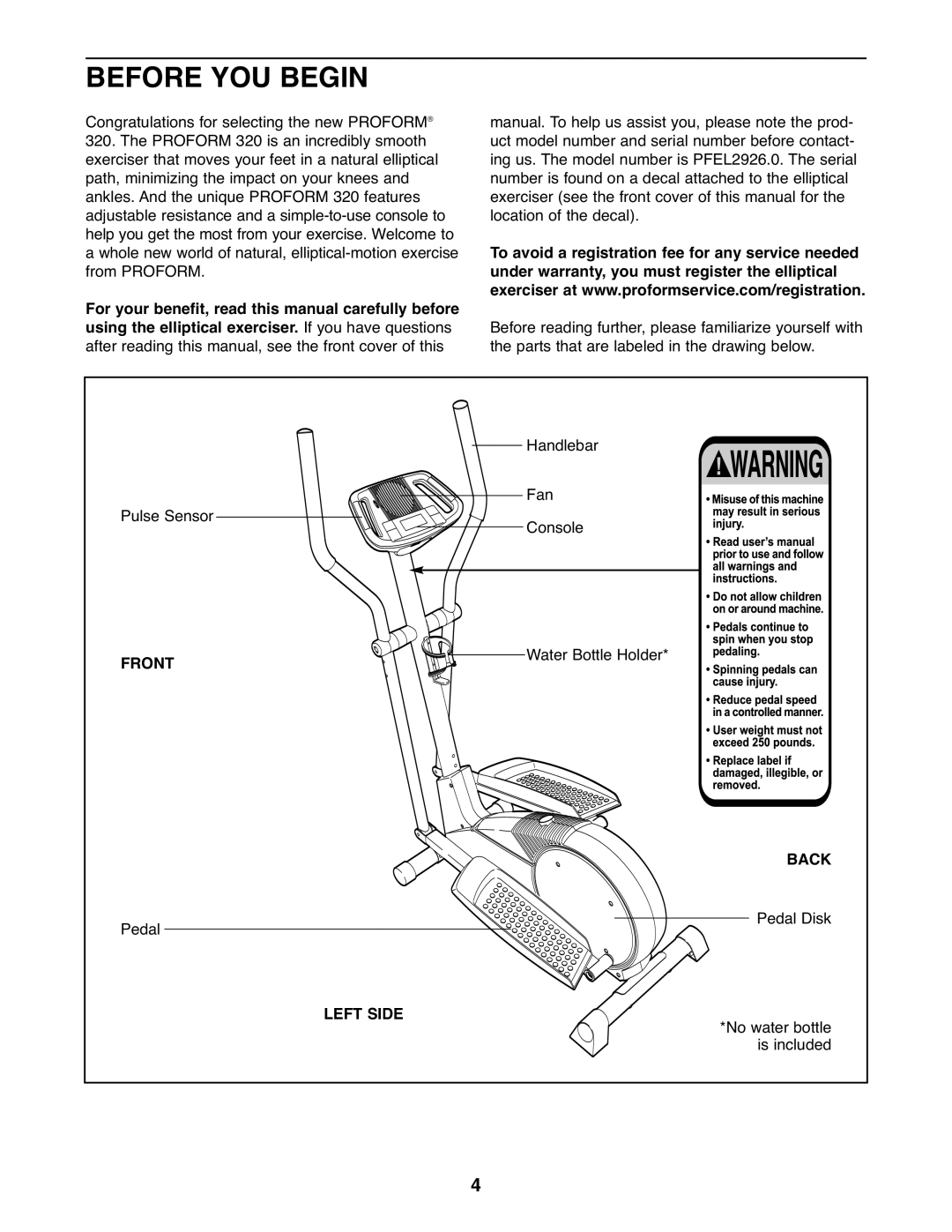 ProForm PFEL2926.0 user manual Before YOU Begin, Front, Back, Left Side 