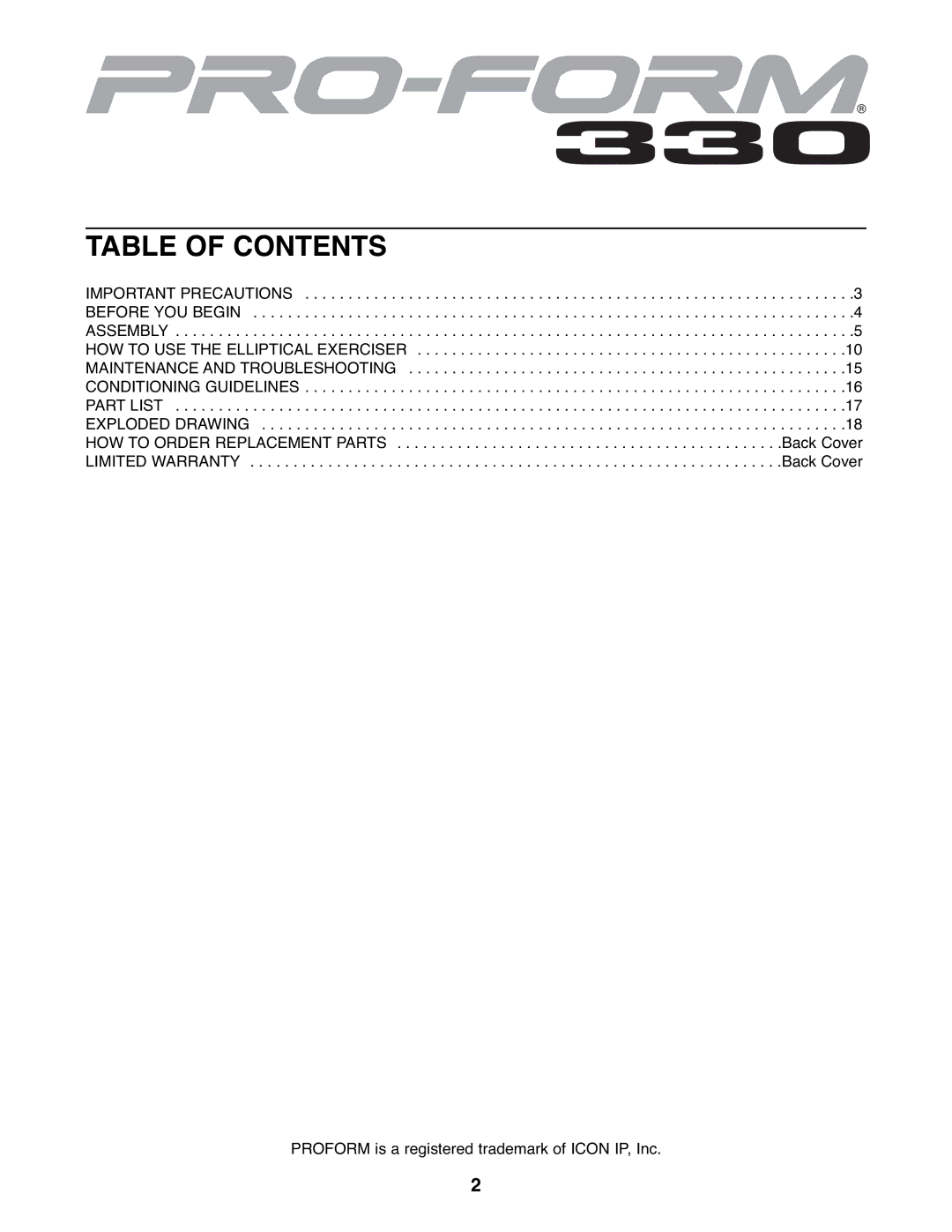 ProForm PFEL3226.0 user manual Table of Contents 