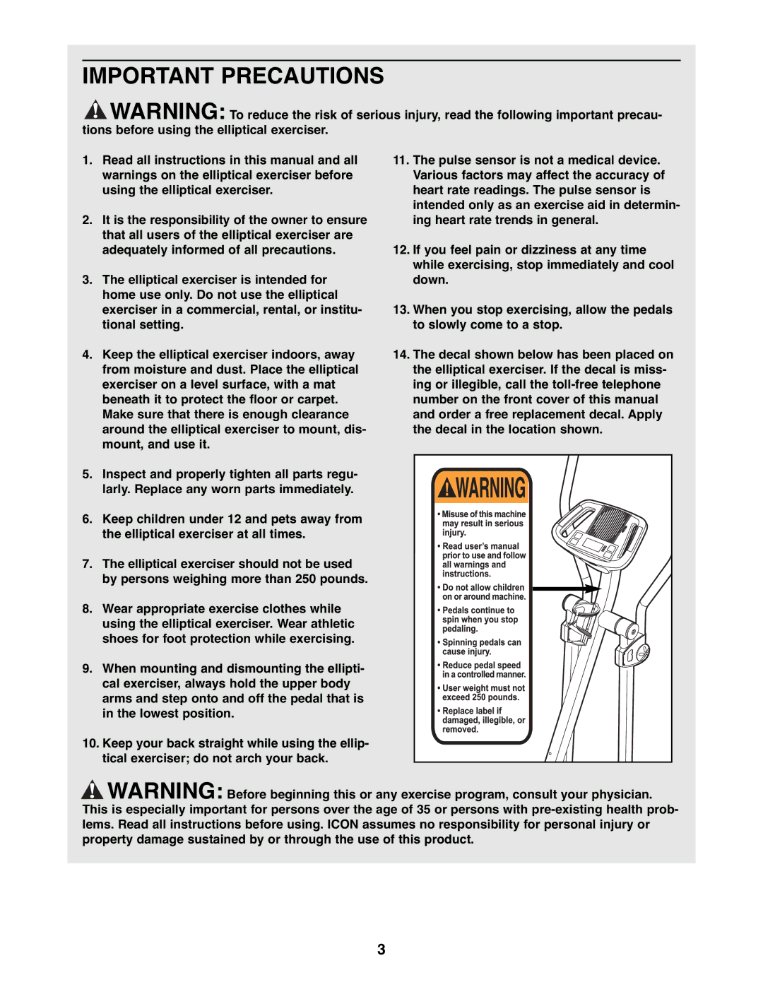 ProForm PFEL3226.0 user manual Important Precautions 