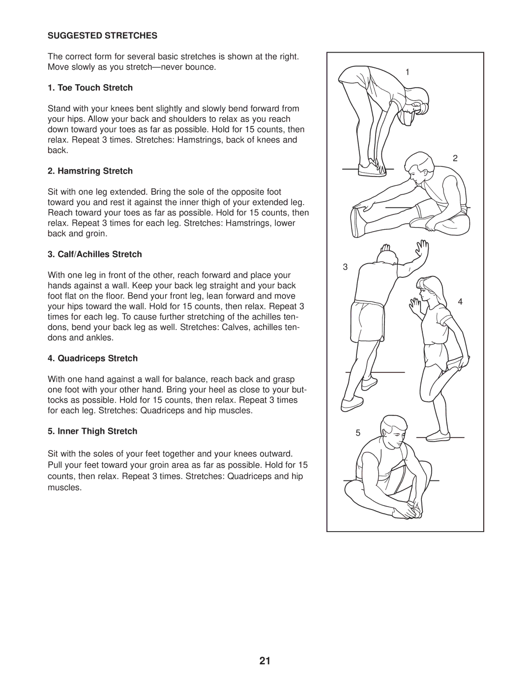 ProForm PFEL39030 user manual Suggested Stretches 