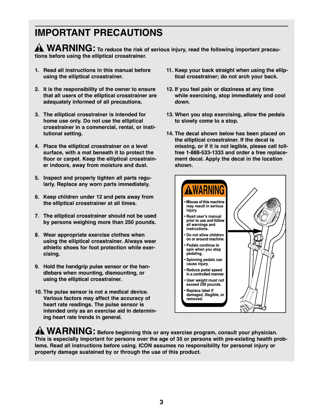 ProForm PFEL39032 user manual Important Precautions 