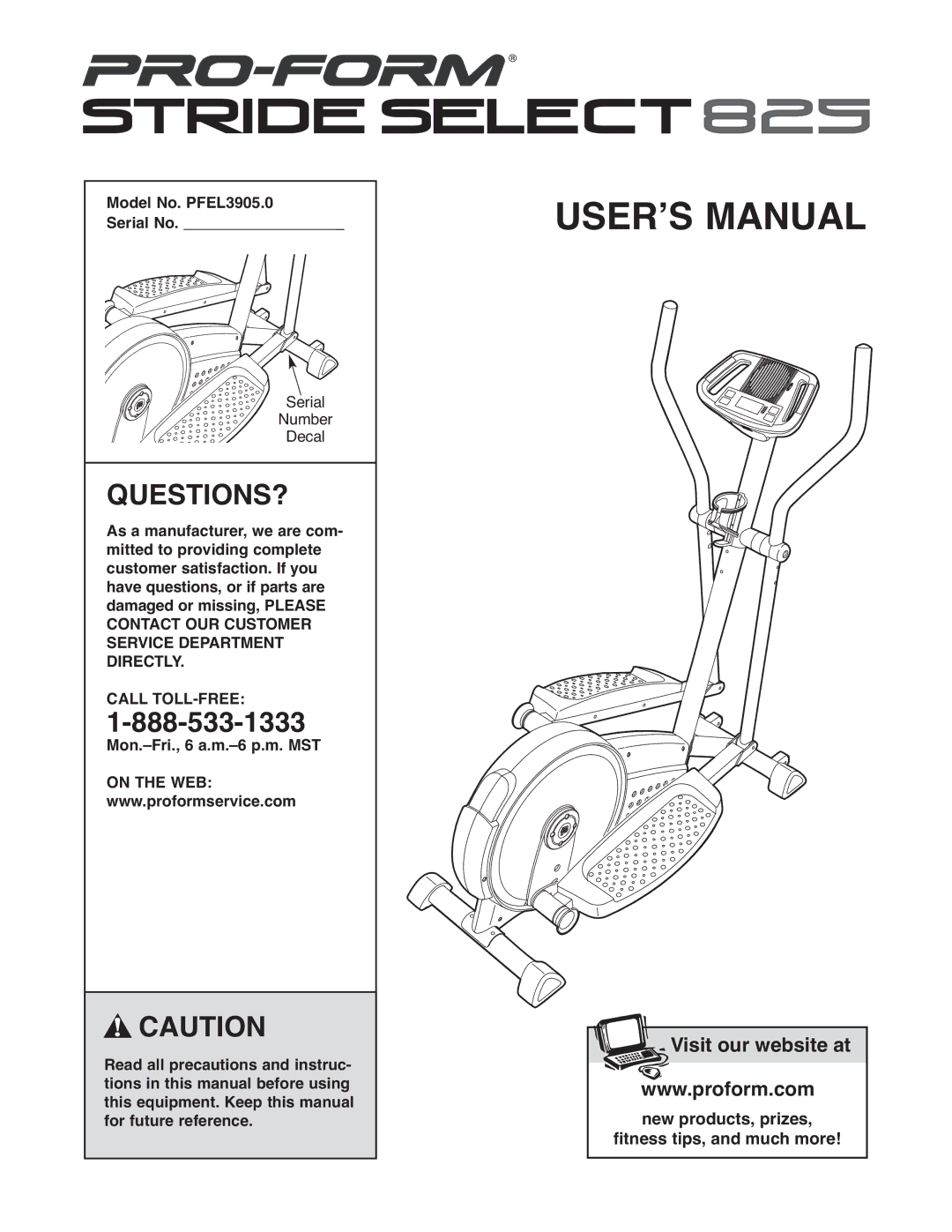 ProForm user manual Questions?, Model No. PFEL3905.0 Serial No 