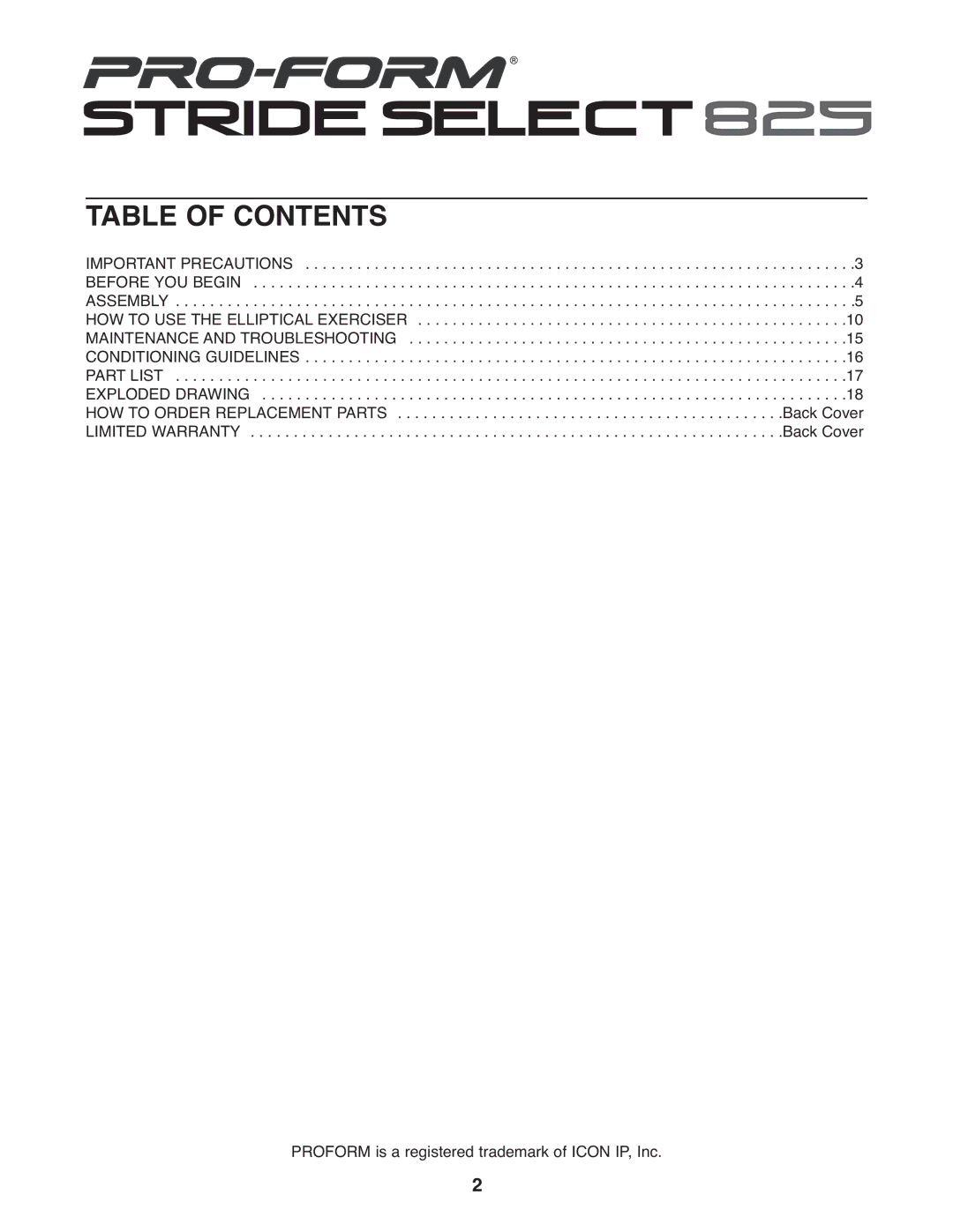 ProForm PFEL3905.0 user manual Table of Contents 