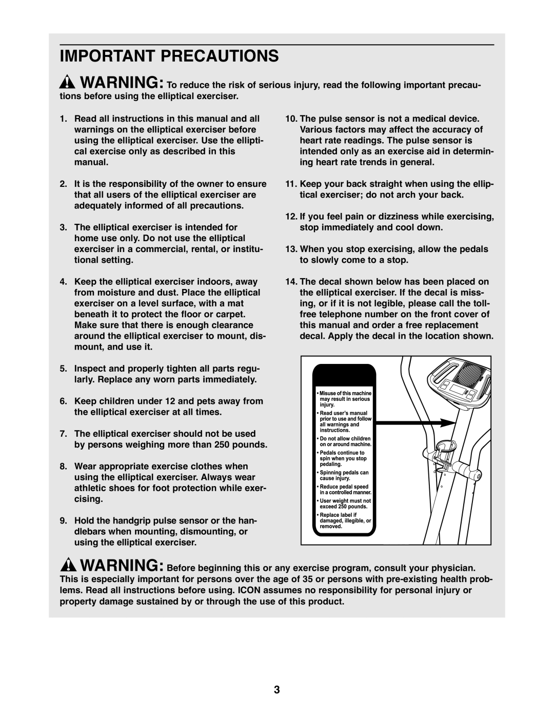 ProForm PFEL3905.0 user manual Important Precautions 