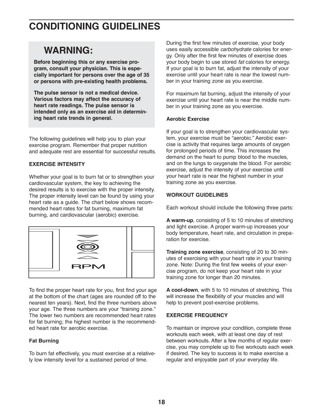 ProForm PFEL3926.0 user manual Conditioning Guidelines Warning, Exercise Intensity, Workout Guidelines, Exercise Frequency 