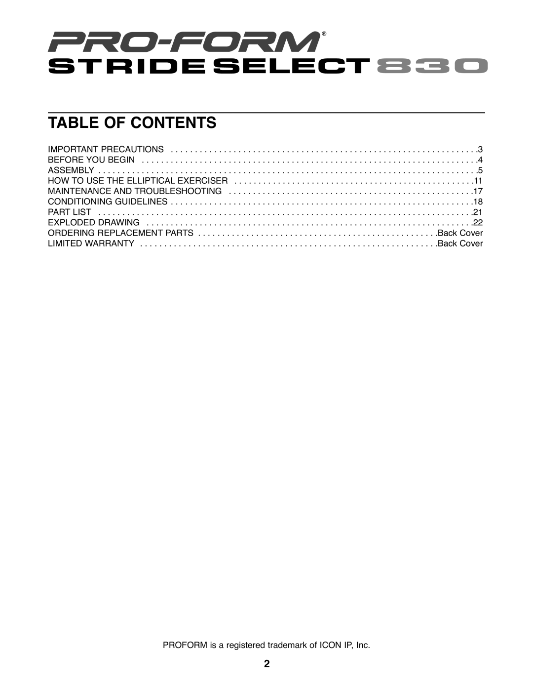 ProForm PFEL3926.0 user manual Table of Contents 