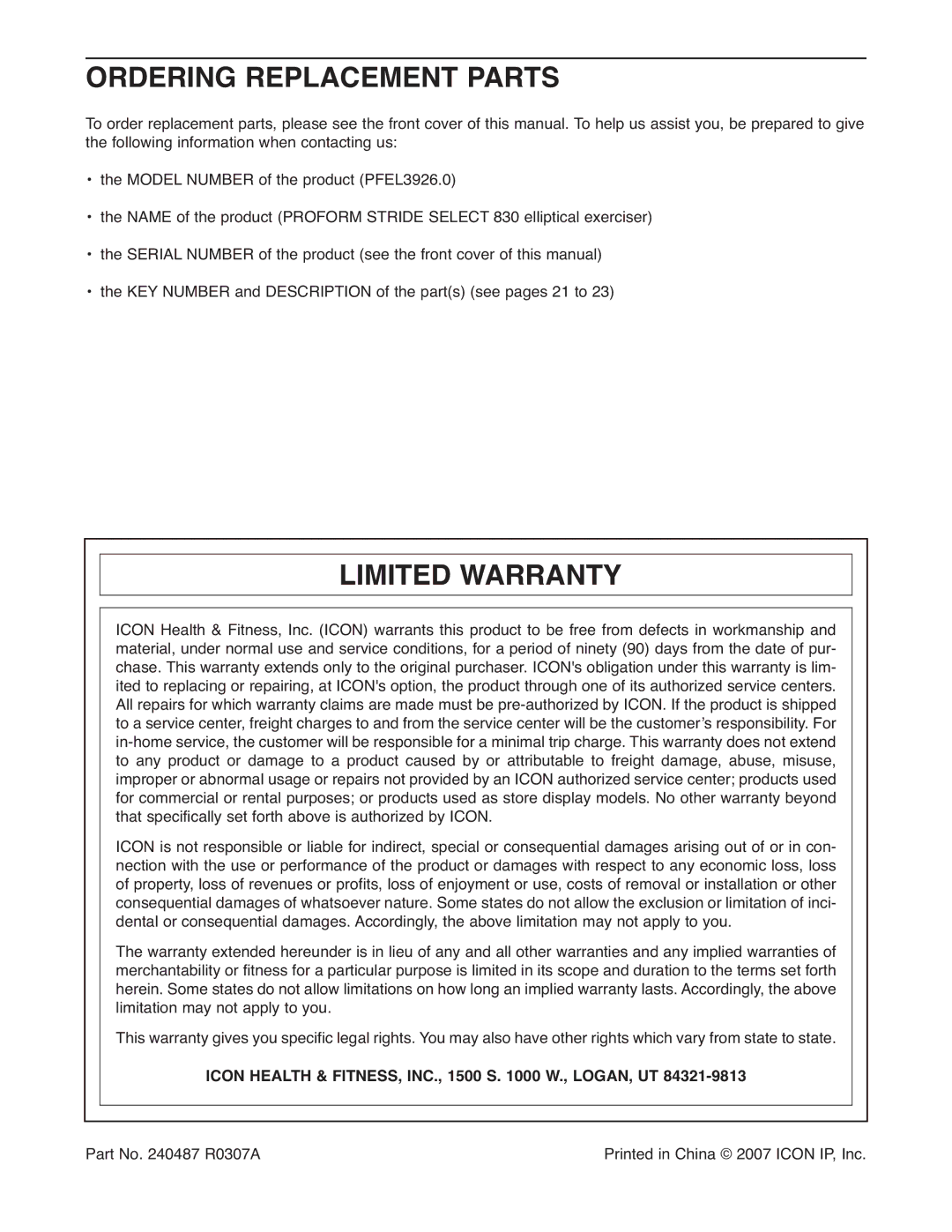 ProForm PFEL3926.0 Ordering Replacement Parts, Limited Warranty, Icon Health & FITNESS, INC., 1500 S W., LOGAN, UT 