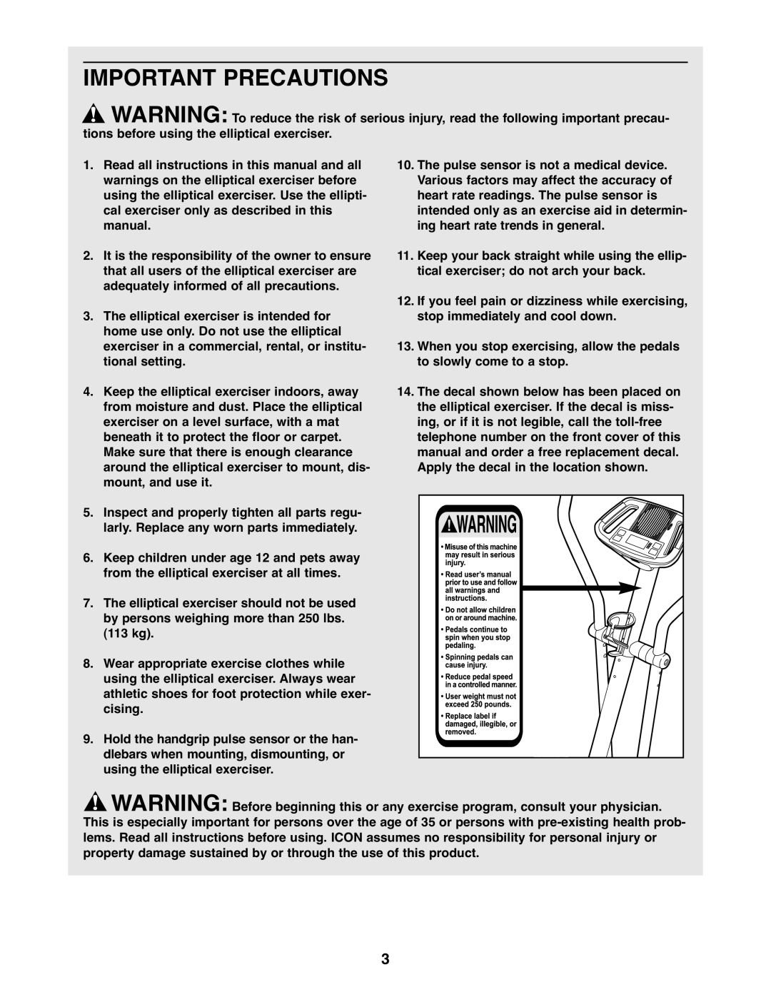 ProForm PFEL3926.0 user manual Important Precautions 