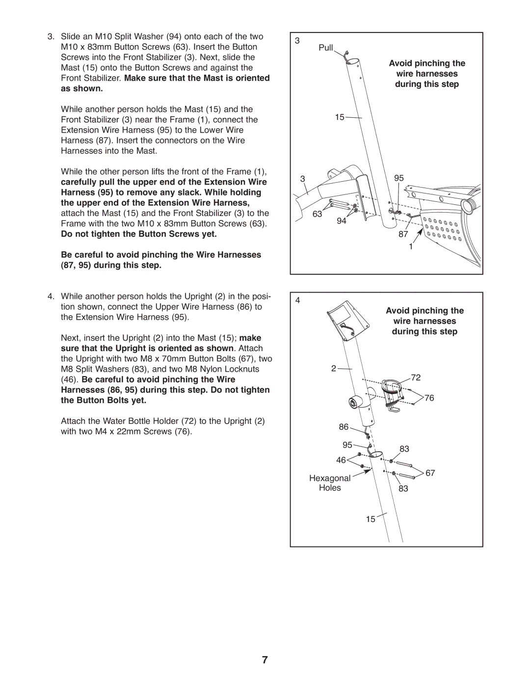 ProForm PFEL3926.0 user manual Wire harnesses, During this step, Avoid pinching 