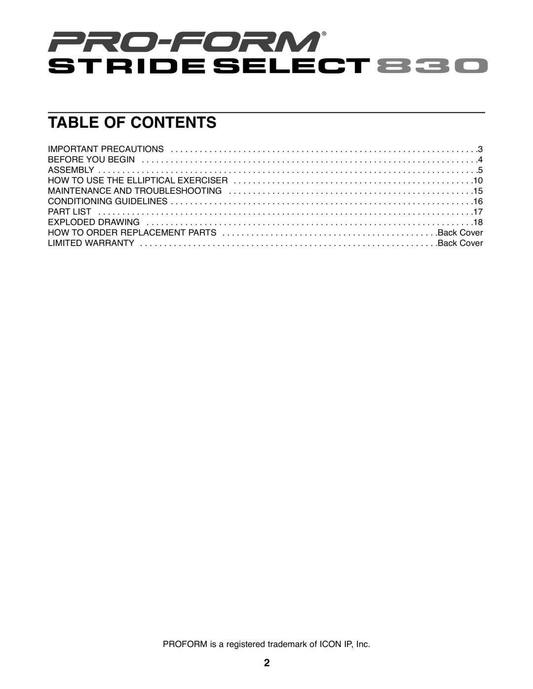 ProForm PFEL3926.1 user manual Table of Contents 