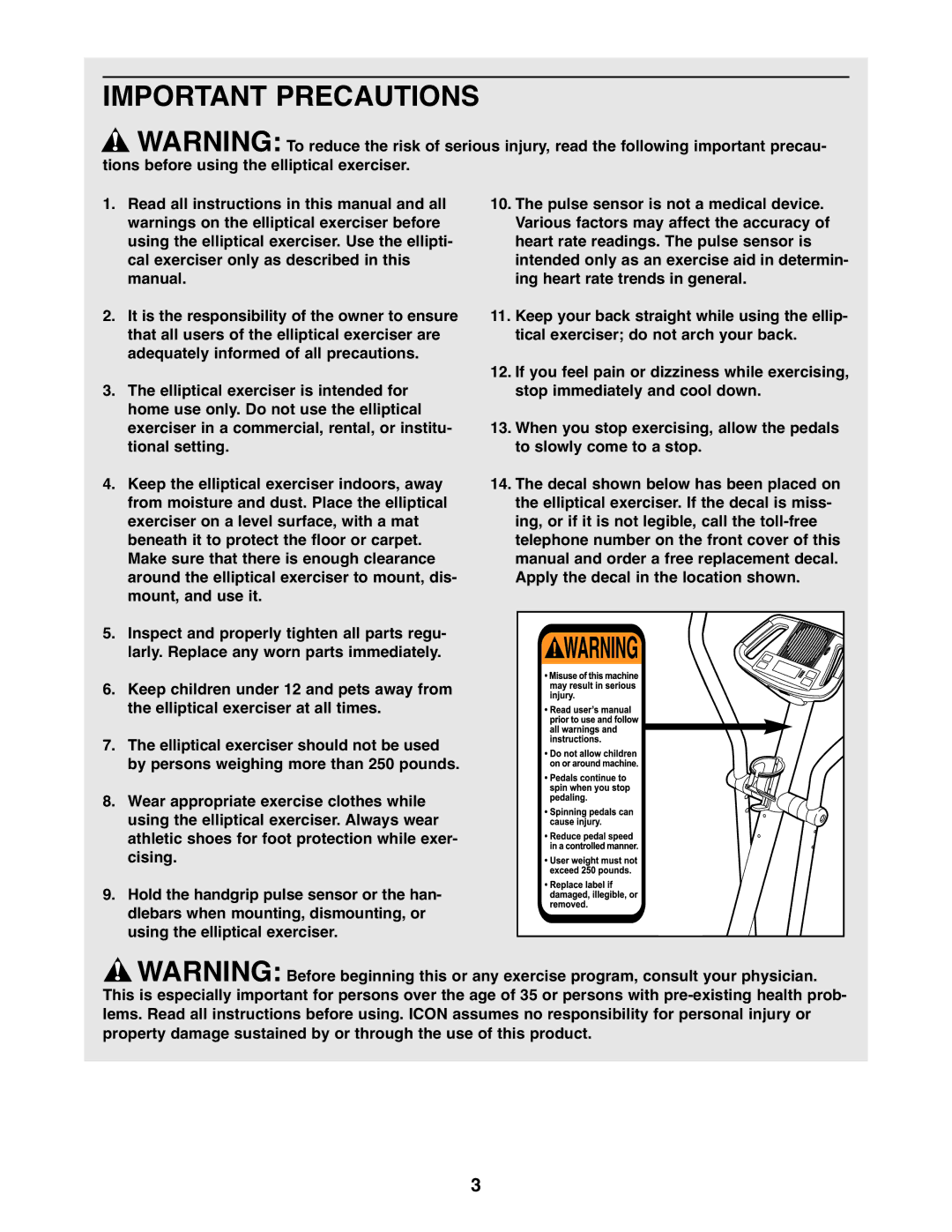 ProForm PFEL3926.1 user manual Important Precautions 