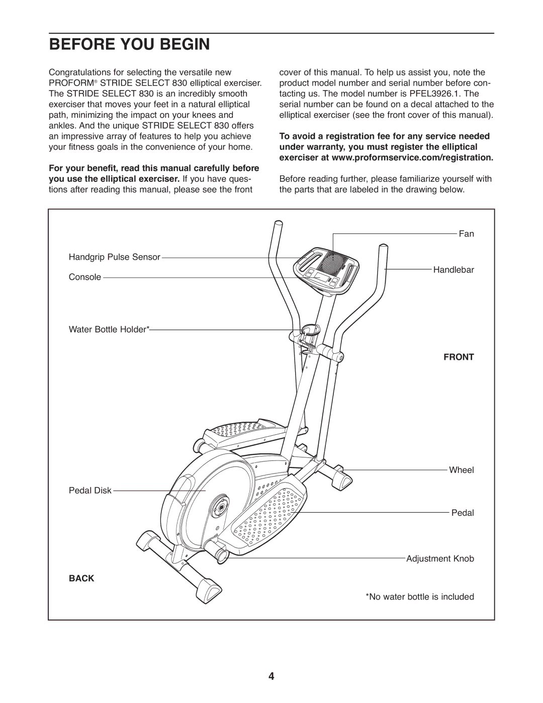 ProForm PFEL3926.1 user manual Before YOU Begin, Front, Back 