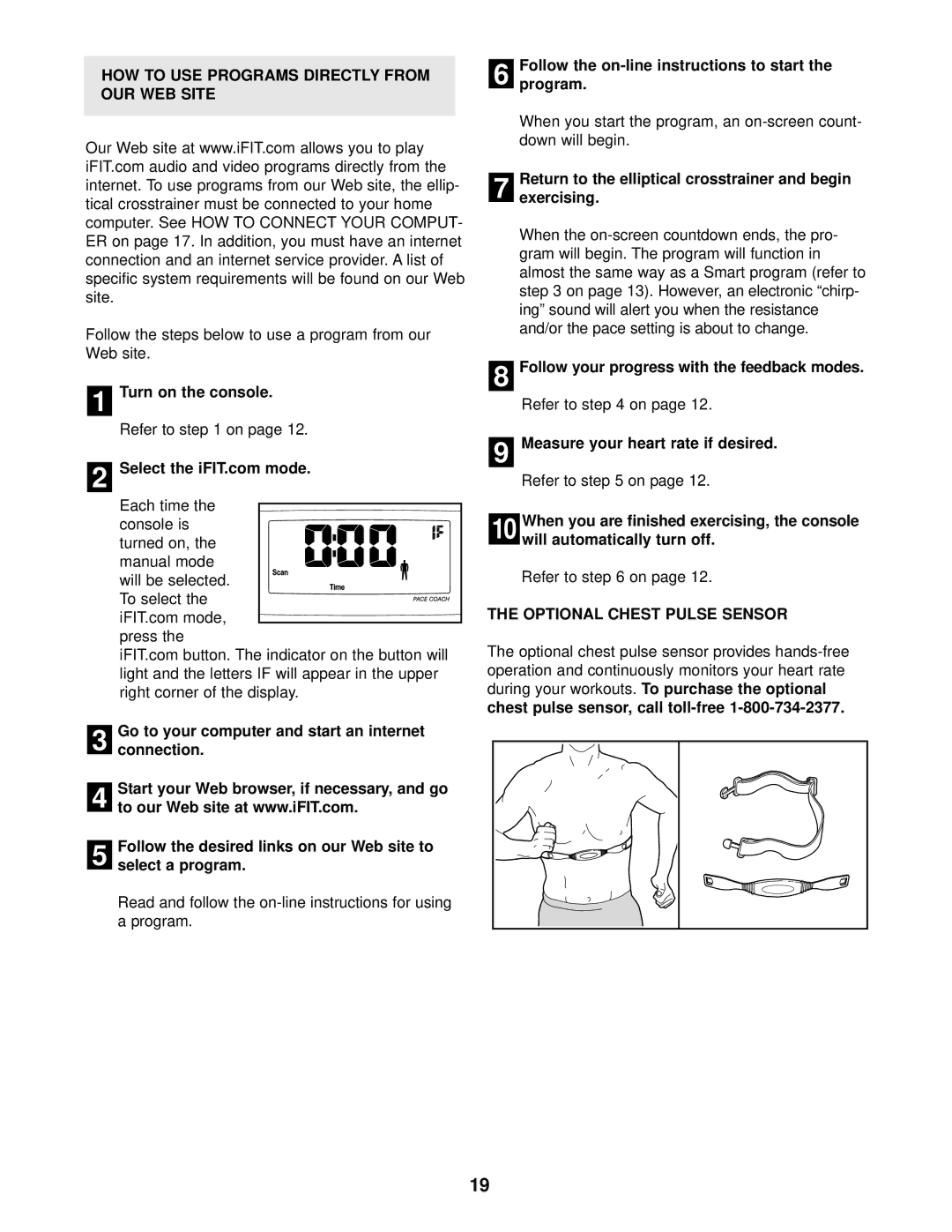 ProForm PFEL45012 user manual HOW to USE Programs Directly from OUR WEB Site, Optional Chest Pulse Sensor 