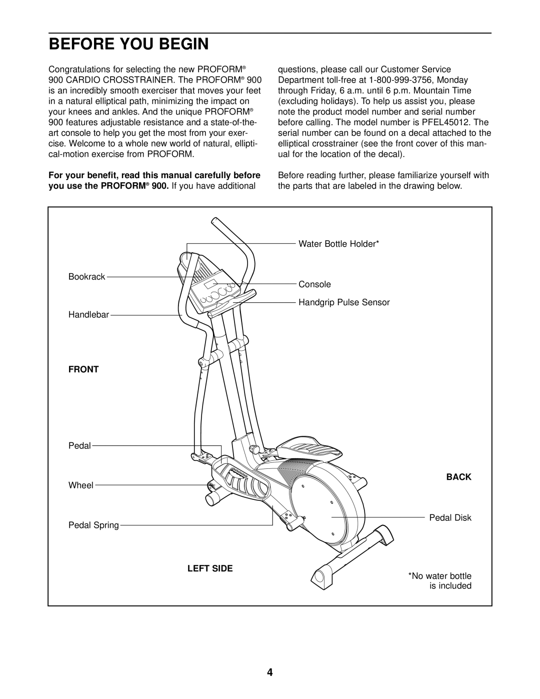 ProForm PFEL45012 user manual Before YOU Begin, You use the Proform, Front, Left Side 