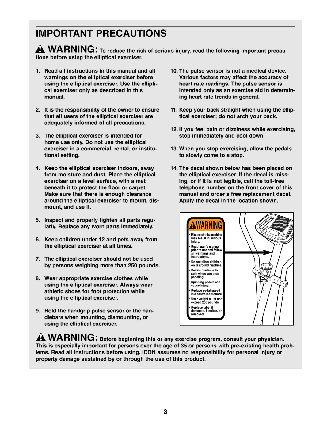 ProForm PFEL4905.0 user manual Important Precautions 