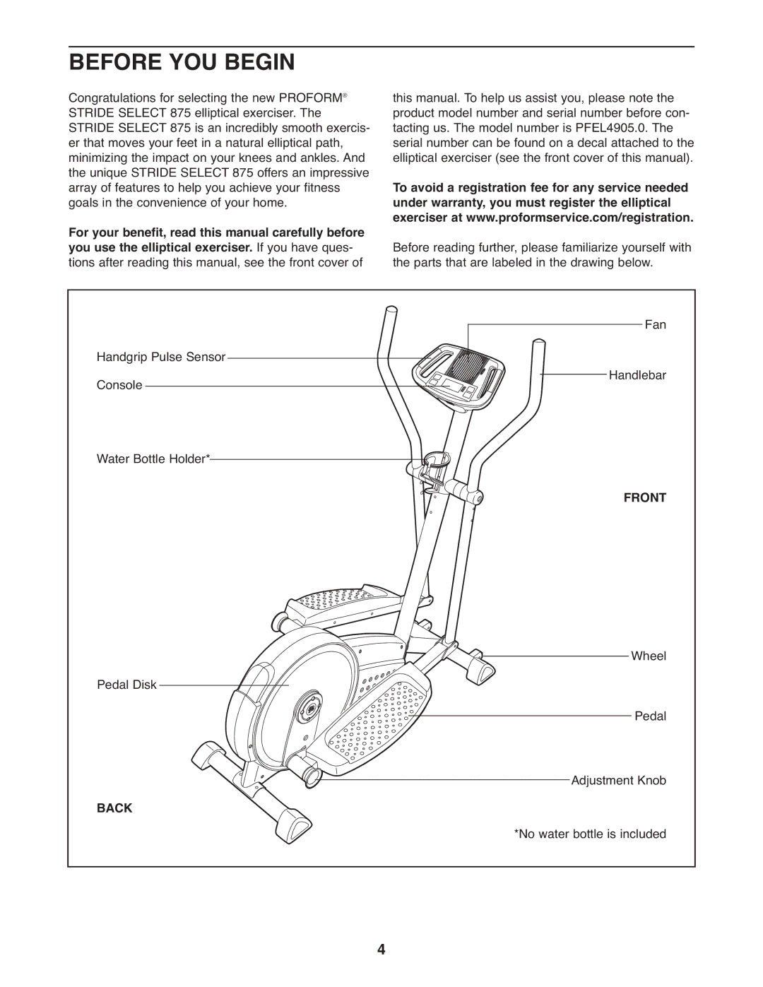 ProForm PFEL4905.0 user manual Before YOU Begin, Front, Back 