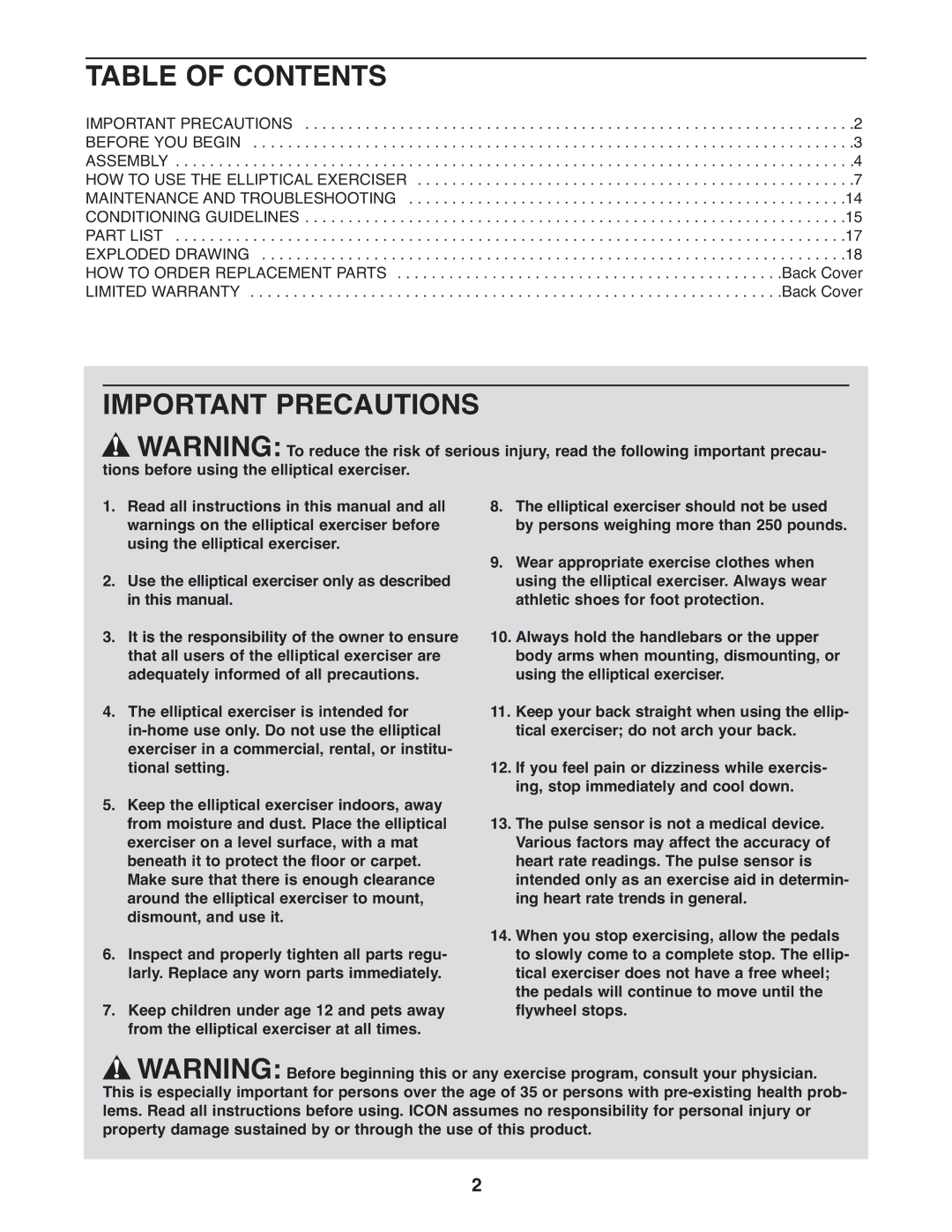 ProForm PFEL5055 user manual Table of Contents, Important Precautions 