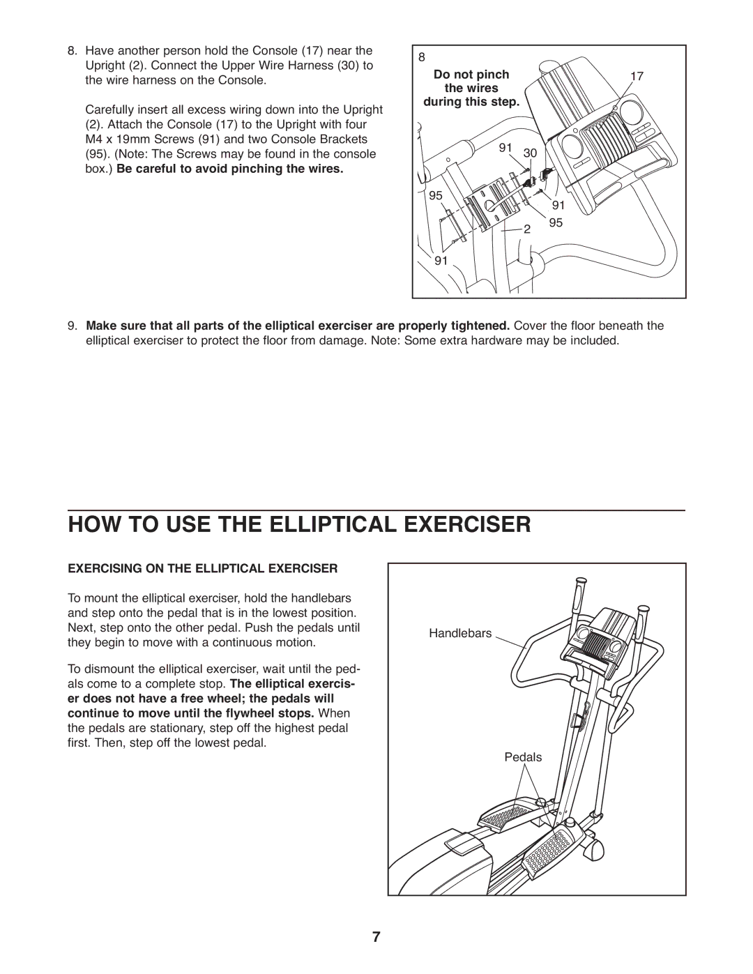 ProForm PFEL5055 user manual HOW to USE the Elliptical Exerciser, Exercising on the Elliptical Exerciser 