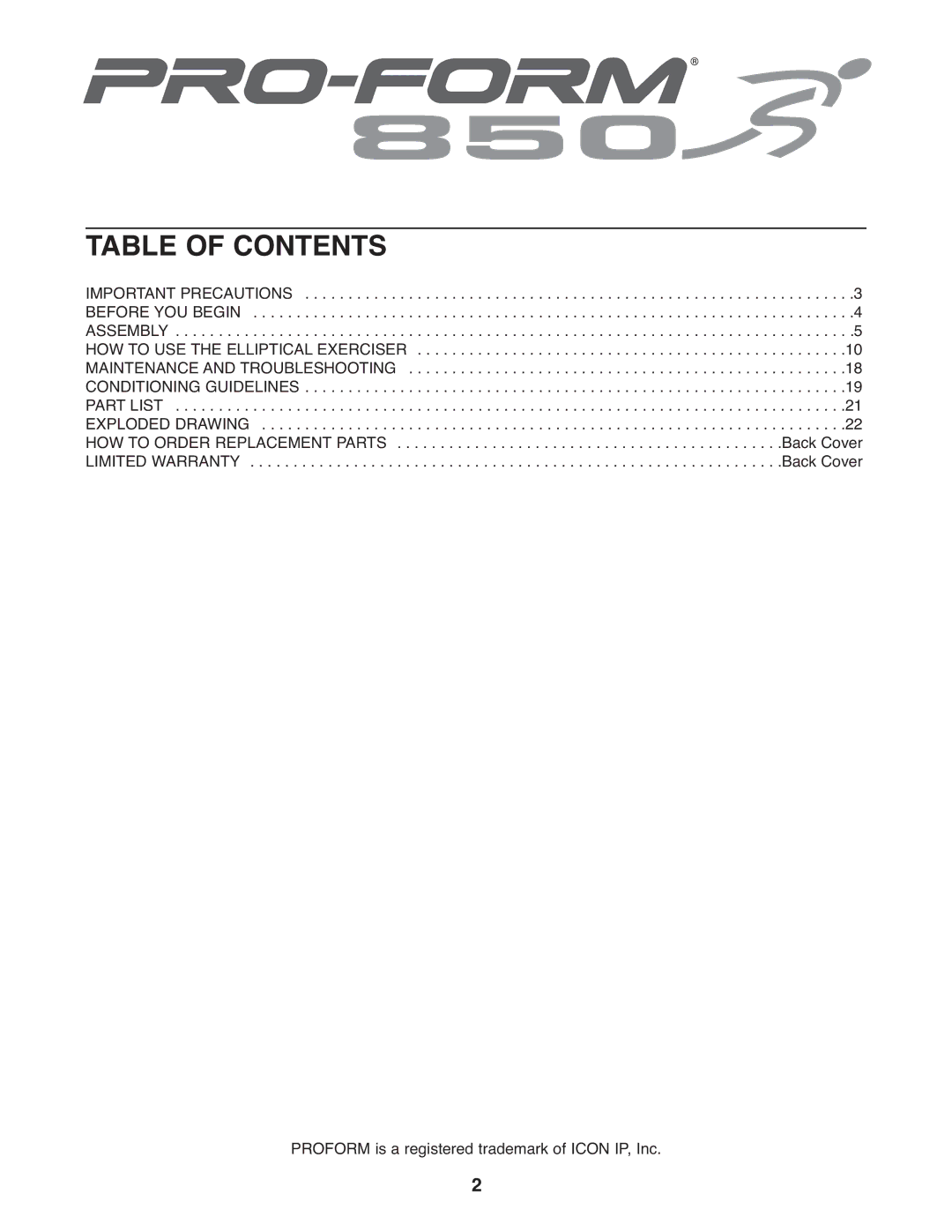 ProForm PFEL5105.0 user manual Table of Contents 