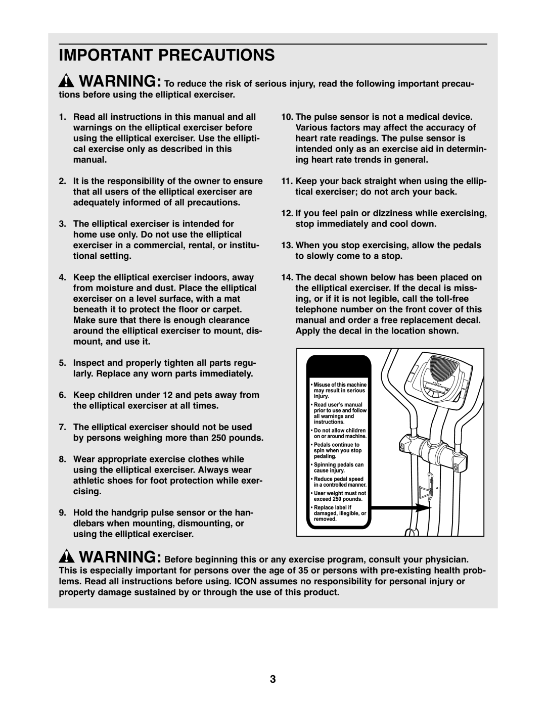 ProForm PFEL5105.1 user manual Important Precautions 