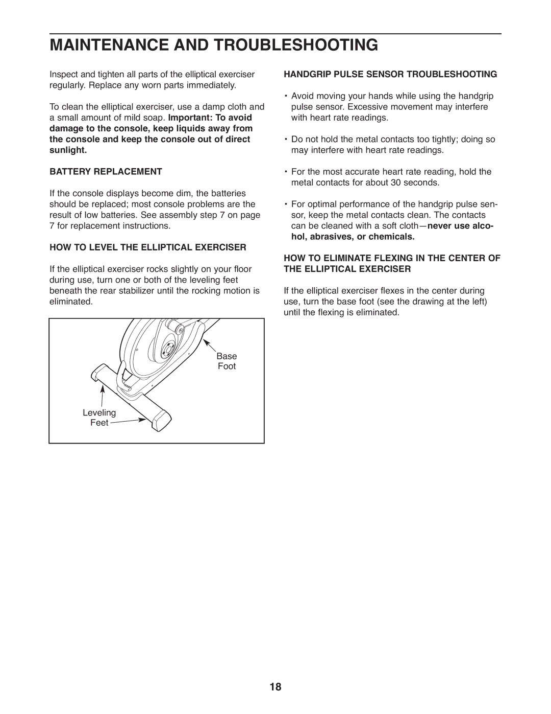 ProForm PFEL5105.2 user manual Maintenance and Troubleshooting, Battery Replacement, Handgrip Pulse Sensor Troubleshooting 