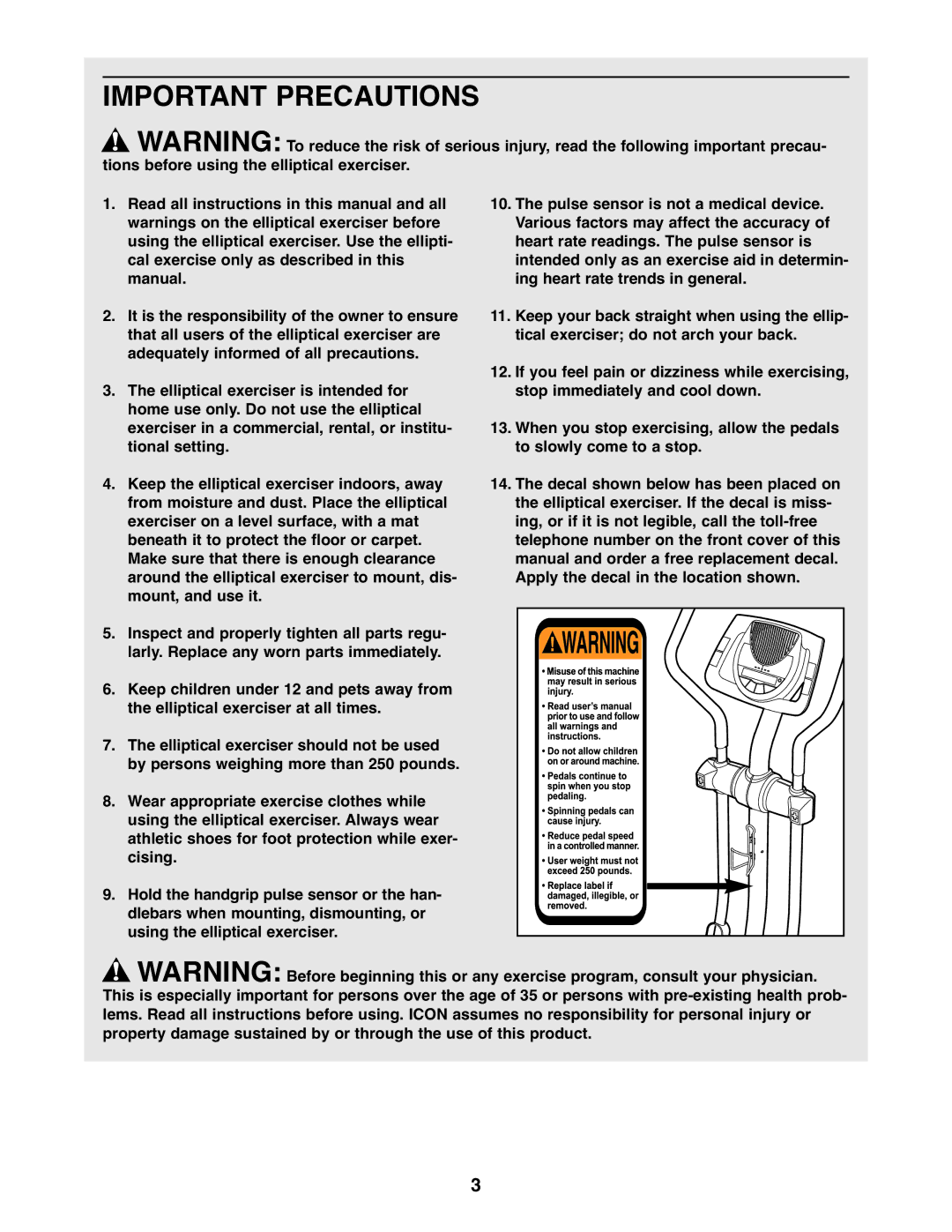 ProForm PFEL5105.2 user manual Important Precautions 