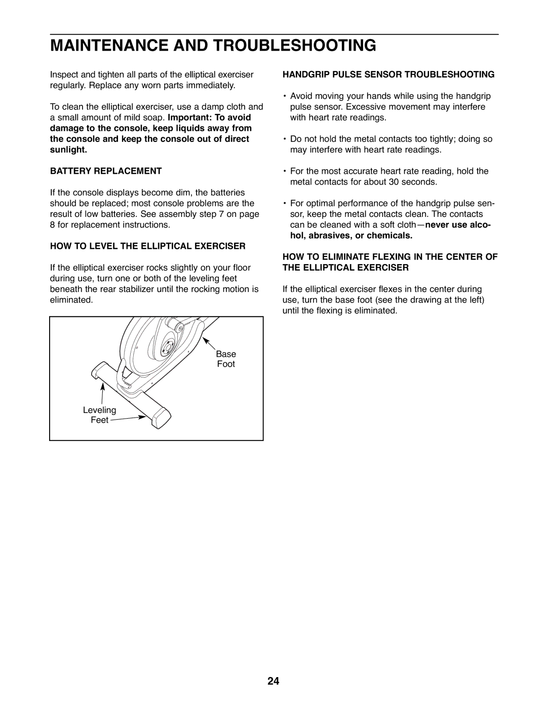 ProForm PFEL5105.3 user manual Maintenance and Troubleshooting, Battery Replacement, Handgrip Pulse Sensor Troubleshooting 