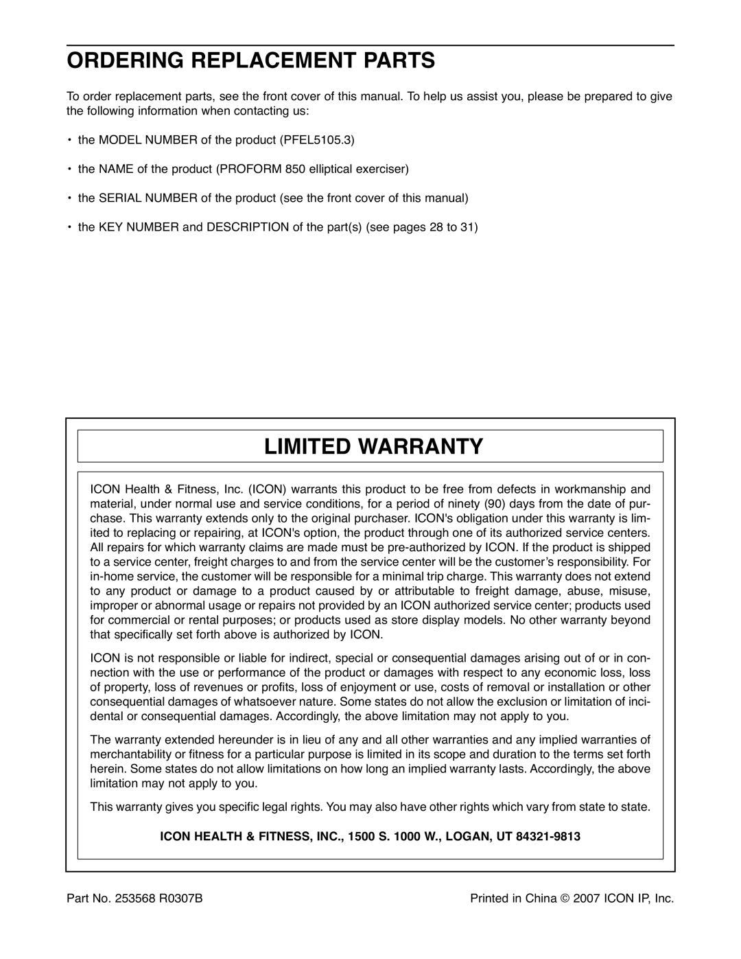 ProForm PFEL5105.3 Ordering Replacement Parts, Limited Warranty, Icon Health & FITNESS, INC., 1500 S W., LOGAN, UT 