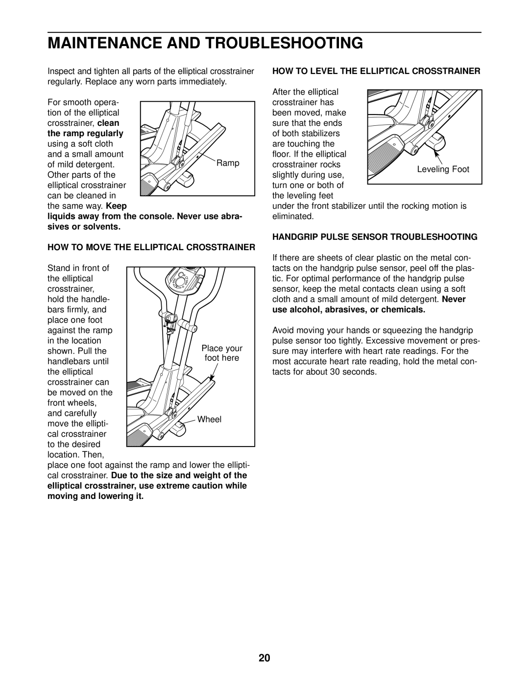 ProForm PFEL54930 user manual HOW to Level the Elliptical Crosstrainer, Handgrip Pulse Sensor Troubleshooting 