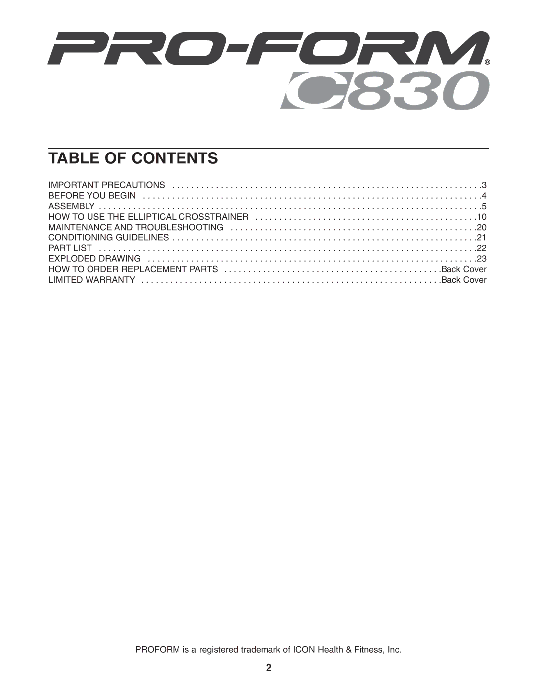 ProForm PFEL54931 user manual Table of Contents 